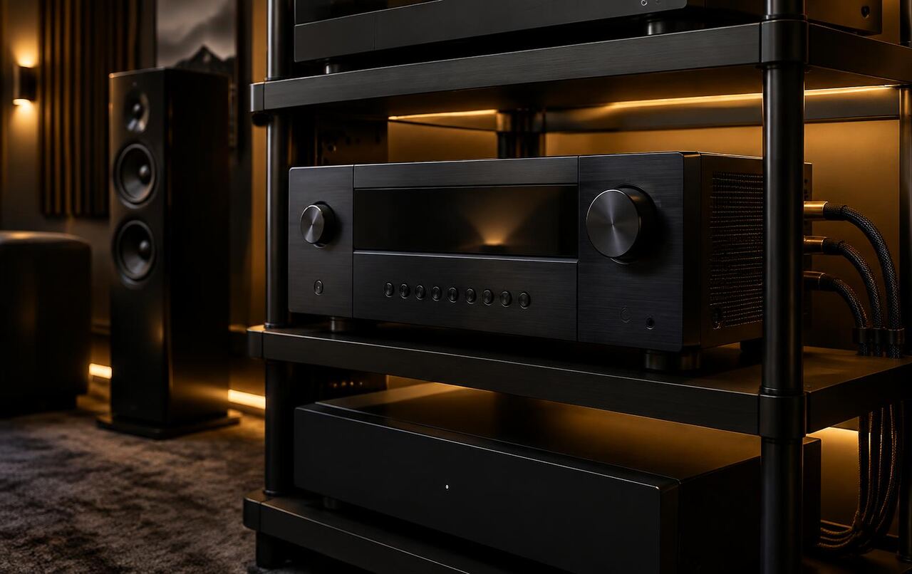 Multi-channel AV receiver on an equipment rack beside a floorstanding speaker in a home theatre