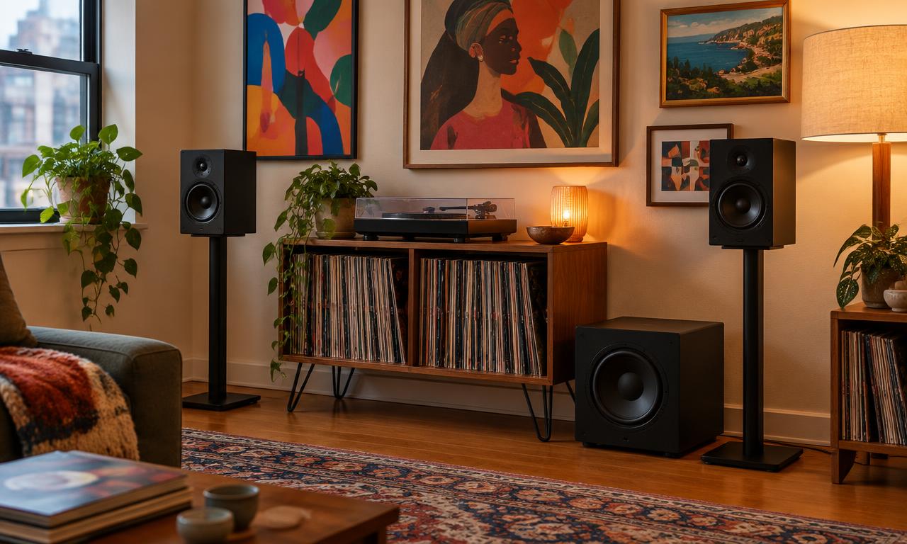 Pair of bookshelf speakers on floor stands with a powered subwoofer in a music room