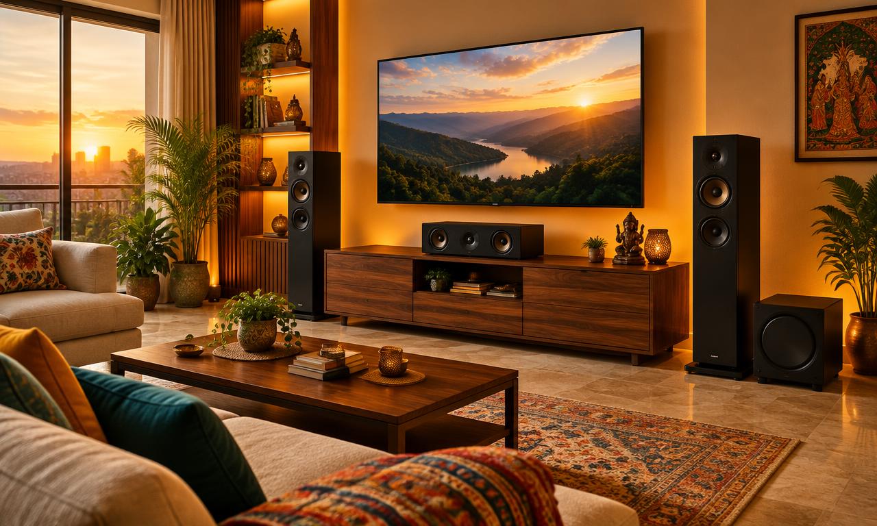 Living-room home theatre with a pair of floorstanding speakers, a centre speaker on the media console and a subwoofer — planning context for the JBL Studio 698
