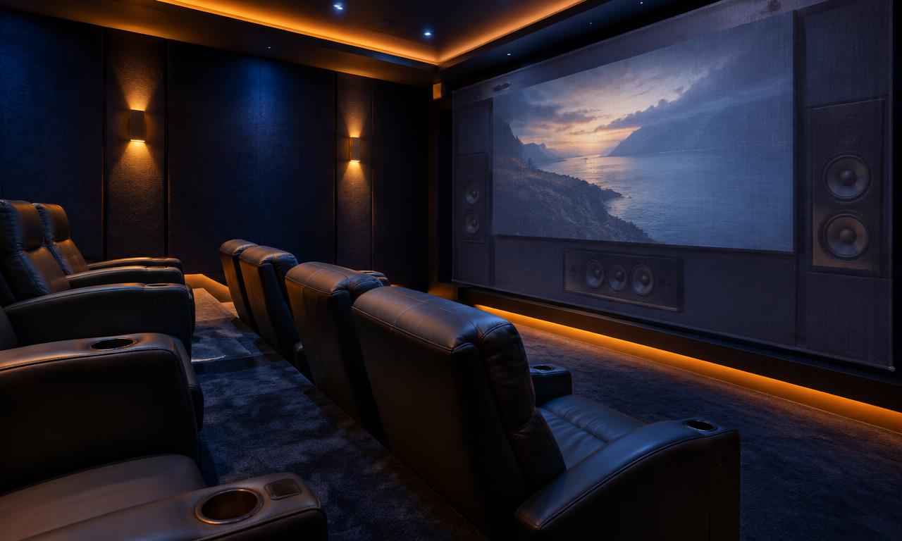 Dedicated home cinema with in-wall left, centre and right speakers around the screen and tiered recliners — planning context for the JBL Studio 6 88LCR