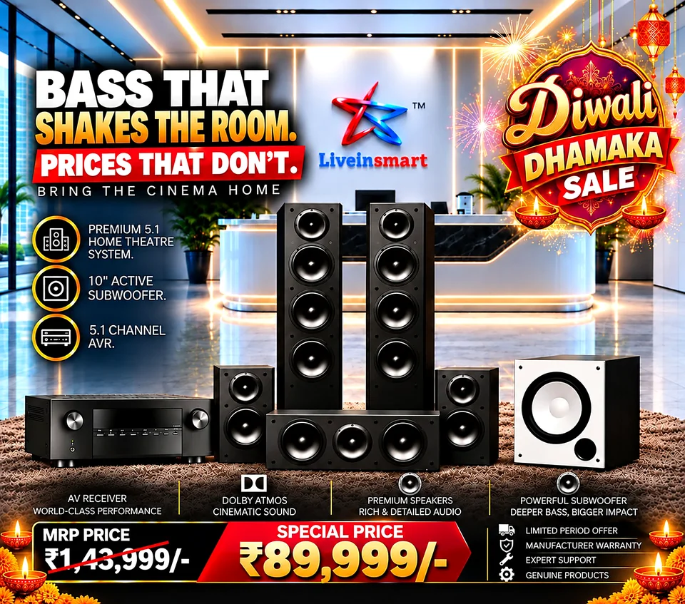 Diwali Dhamaka Bigger Bass Experience by LiveInSmart: premium 5.1 home theatre with powerful 10-inch active subwoofer and 5.1-channel AV receiver, special price ₹89,999 against MRP ₹1,43,999