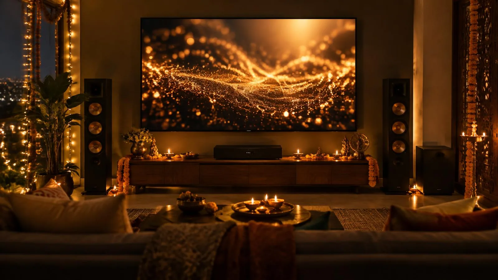 Living room home theatre lit with diyas and marigolds for Diwali — LiveInSmart Diwali home theatre offers