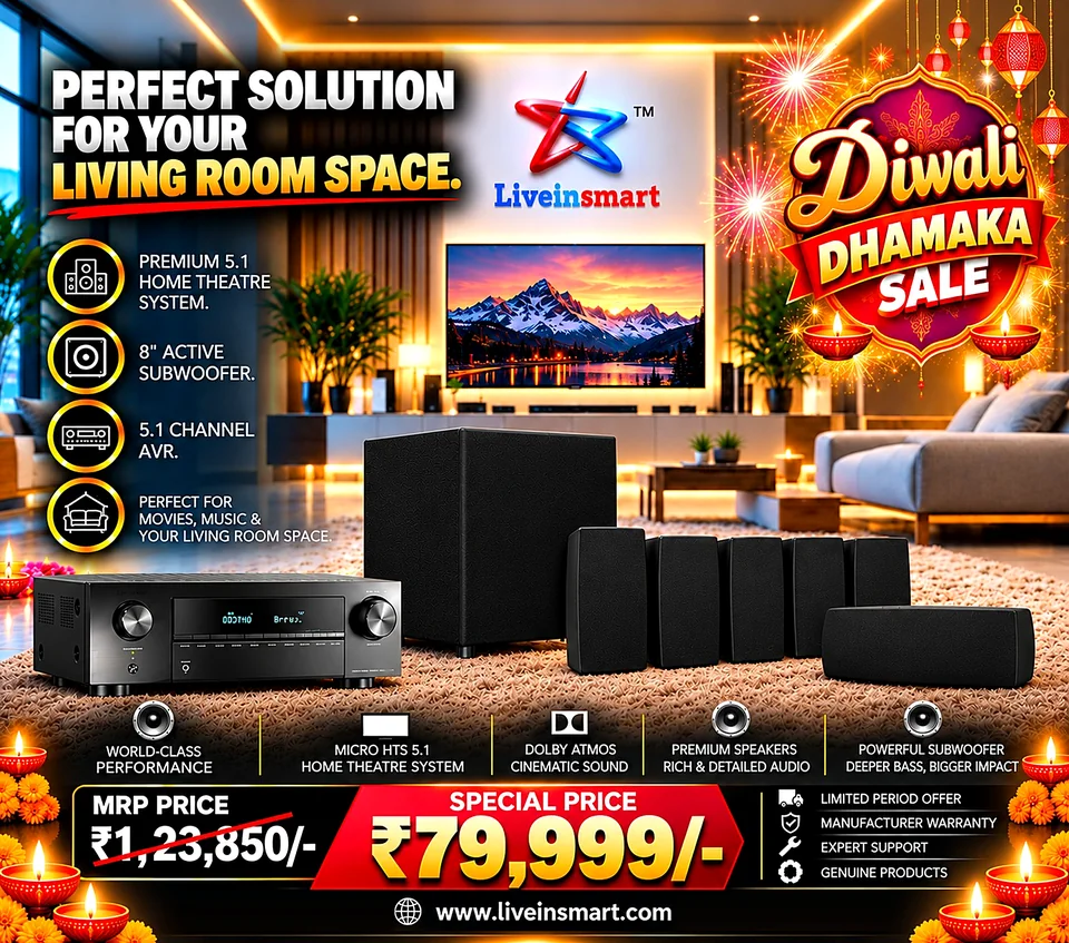 Diwali Dhamaka Living Room Cinema Experience by LiveInSmart: premium 5.1 home theatre with 8-inch active subwoofer and 5.1-channel AV receiver, special price ₹79,999 against MRP ₹1,23,850