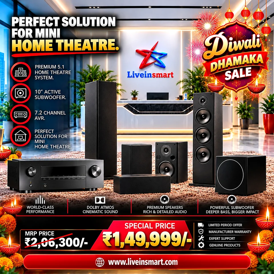 Diwali Dhamaka Mini Home Theatre Experience by LiveInSmart: premium 5.1 home theatre with 10-inch active subwoofer and premium 7.2-channel AVR, special price ₹1,49,999 against MRP ₹2,06,300