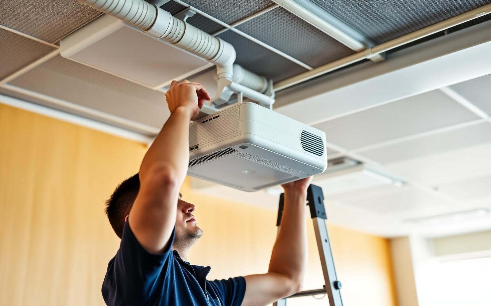 AV engineer ceiling-mounting a classroom projector on an adjustable bracket with concealed cable conduit — LiveInSmart smart classroom installation in India