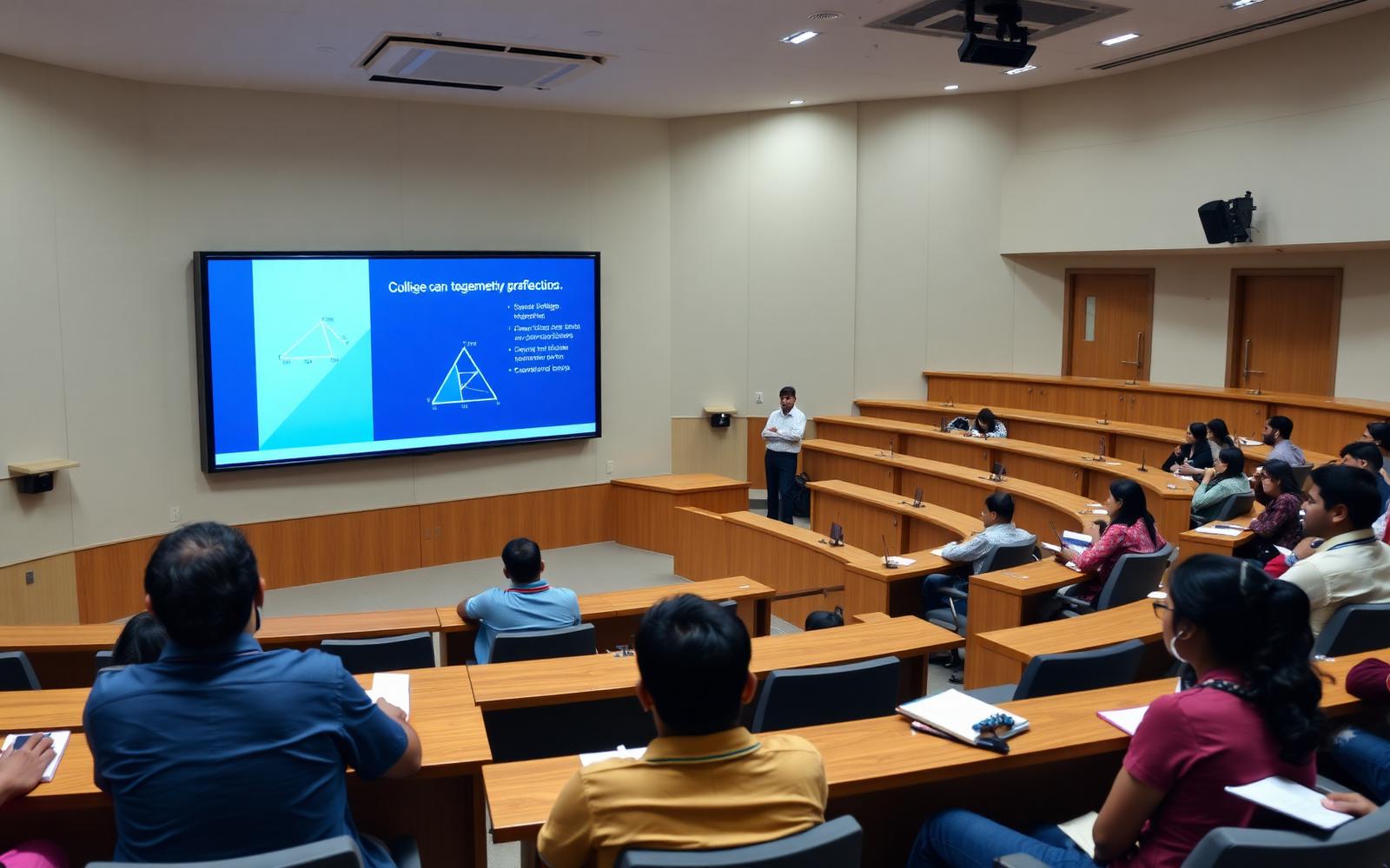 College lecture hall fitted with a large interactive flat panel display and distributed audio — LiveInSmart smart classroom installation in India