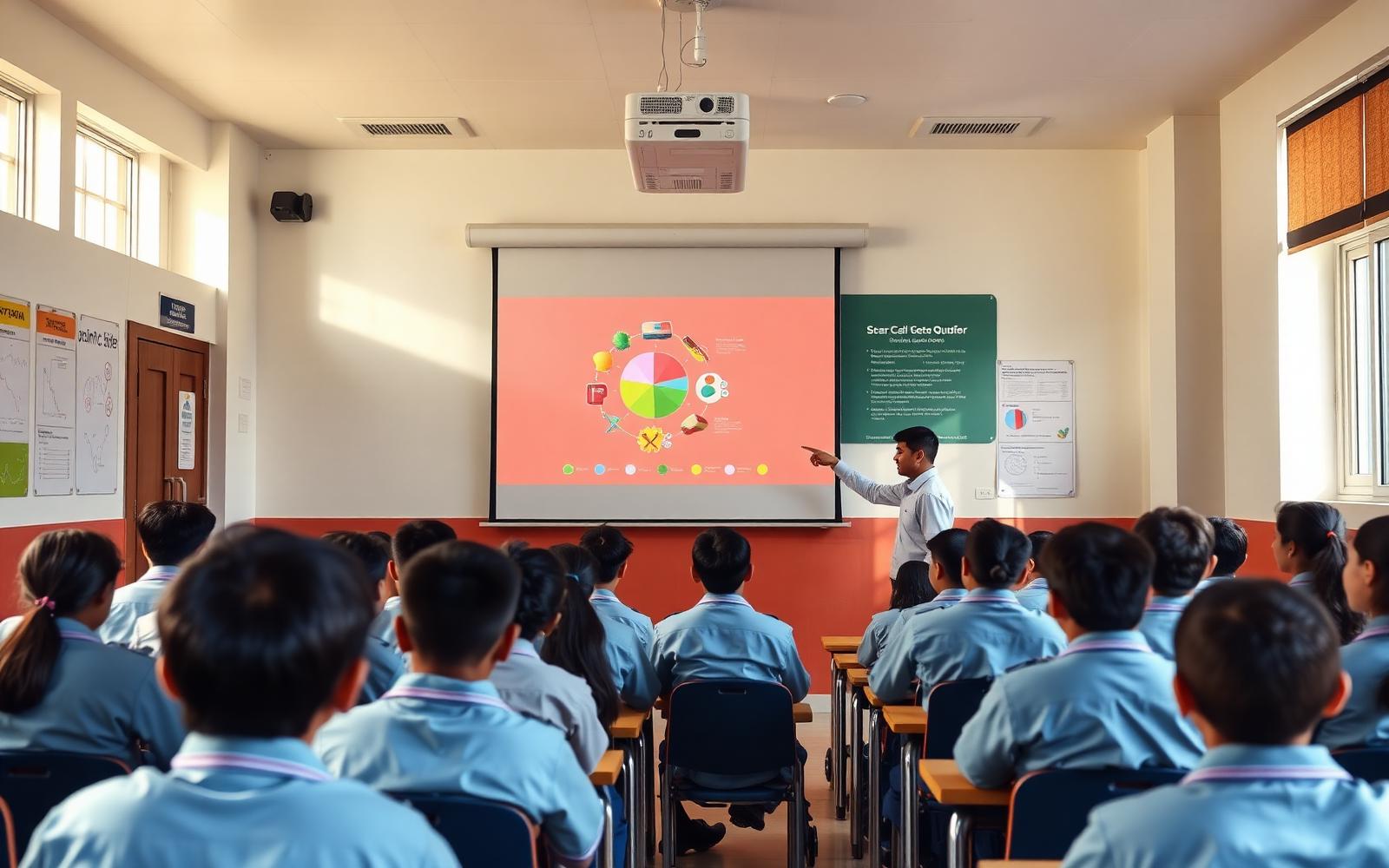 Smart classroom in India with a 120-inch projector screen installed by LiveInSmart