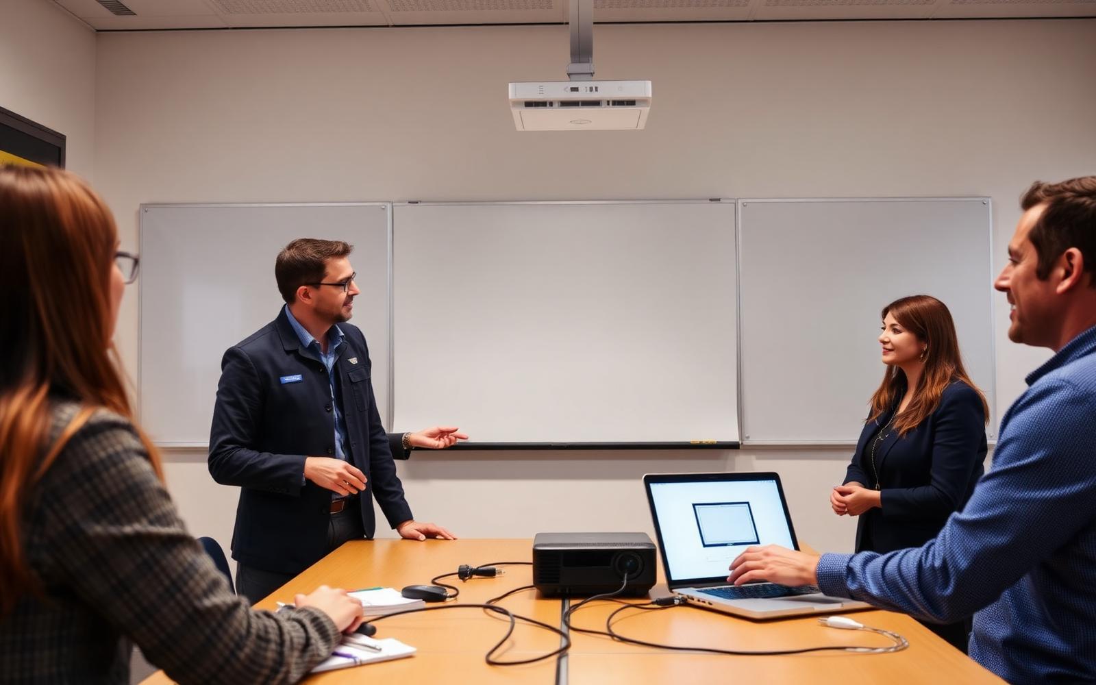 Trainer showing teachers how to connect a laptop by HDMI to a classroom projector during handover training — LiveInSmart smart classroom installation in India
