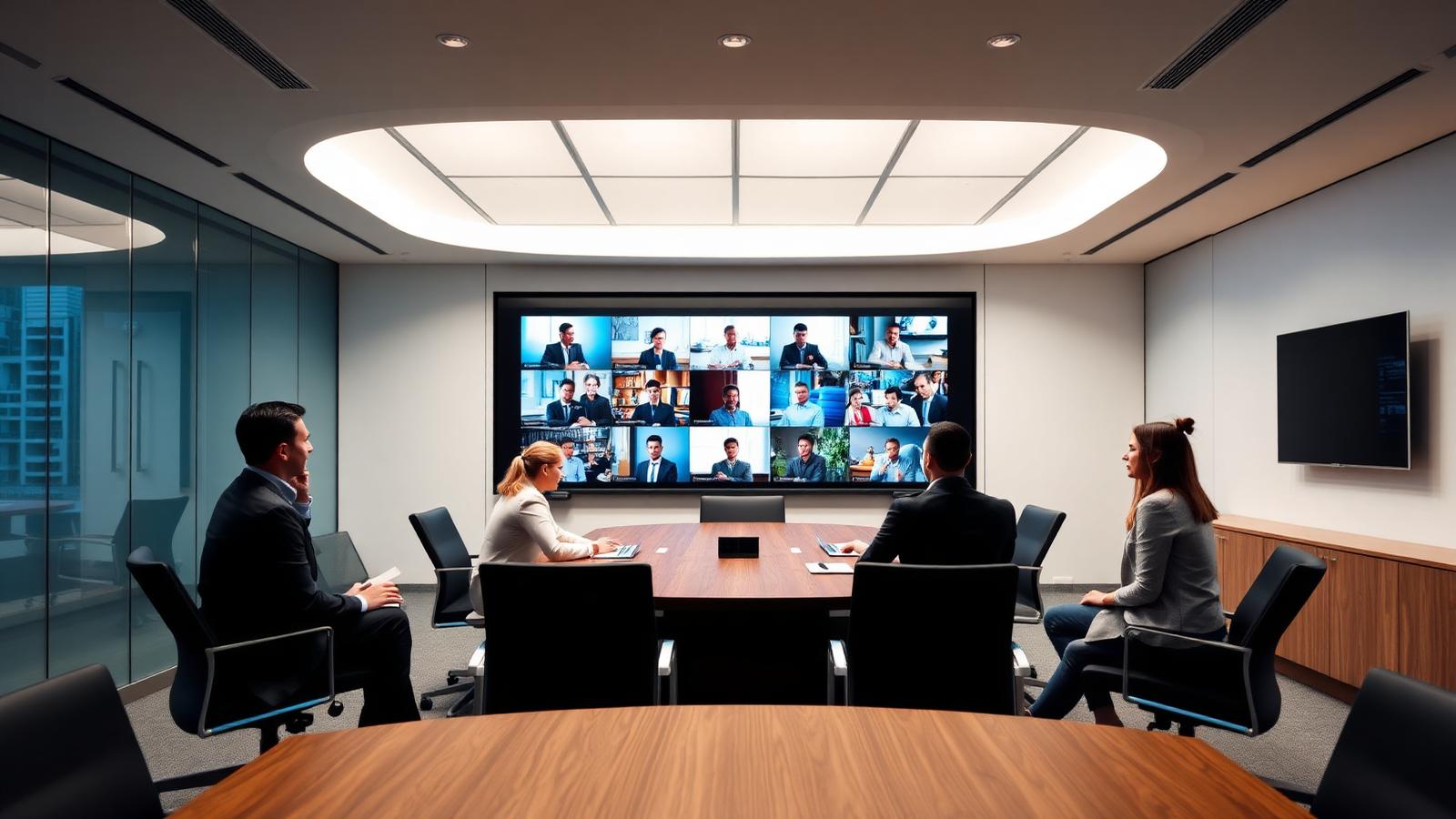 Indoor LED video wall in a corporate boardroom running a hybrid video conference