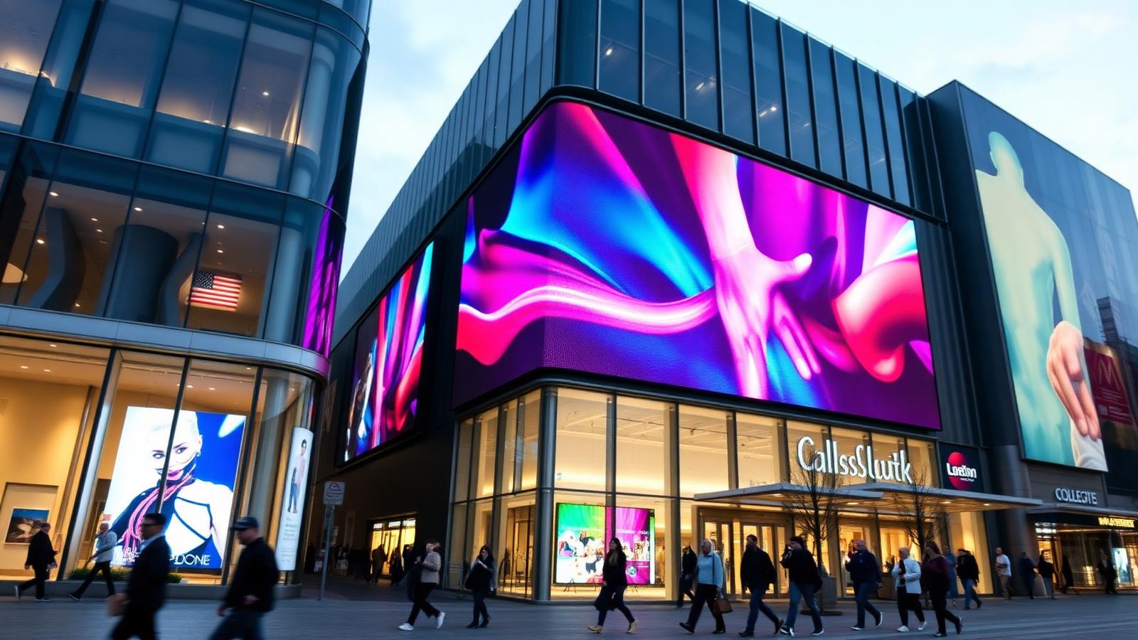 Outdoor high-brightness LED display on a shopping mall facade at dusk