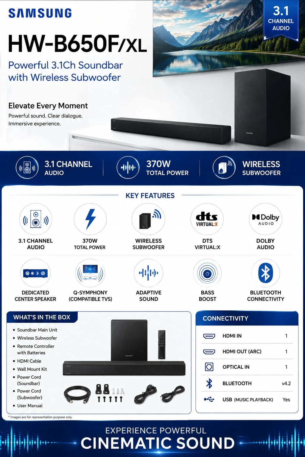 Samsung HW-B650F/XL product sheet with key features, connectivity and box contents