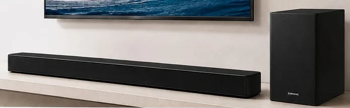 Samsung HW-B750F/XL 5.1 channel soundbar with wireless subwoofer below a wall-mounted TV