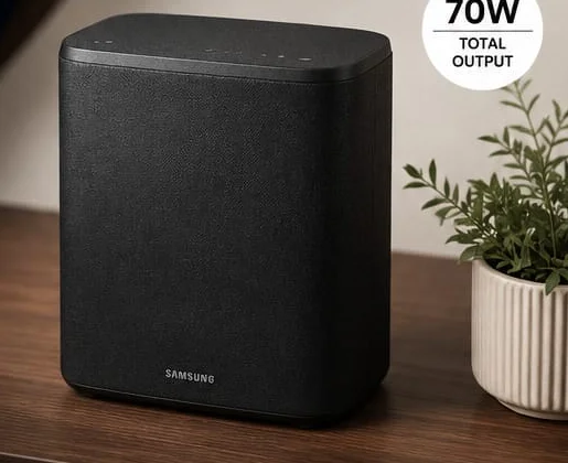 Samsung Music Studio 5 HW-LS50H/XL wireless speaker on a wooden shelf
