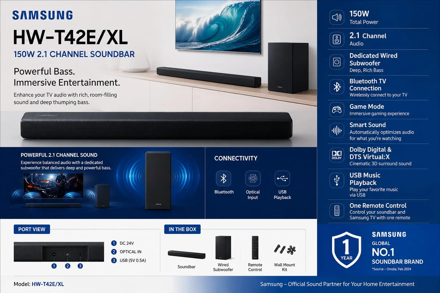 Samsung HW-T42E/XL product sheet with features, ports and box contents