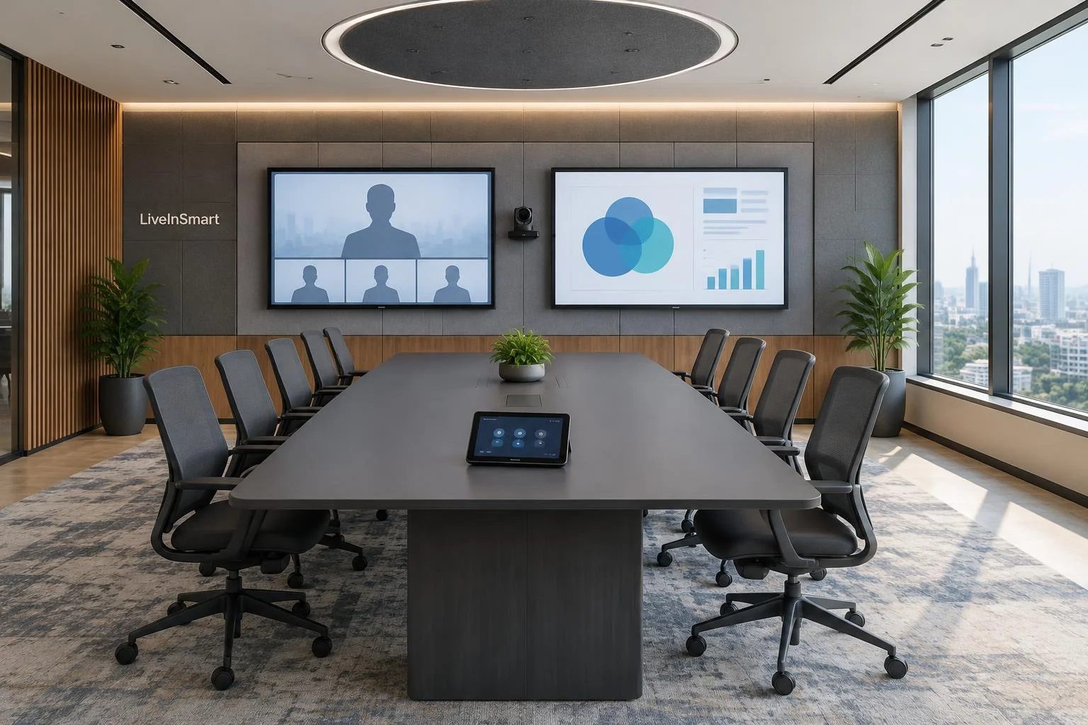 Boardroom concept with dual displays, a PTZ camera, acoustic panels and a tabletop controller