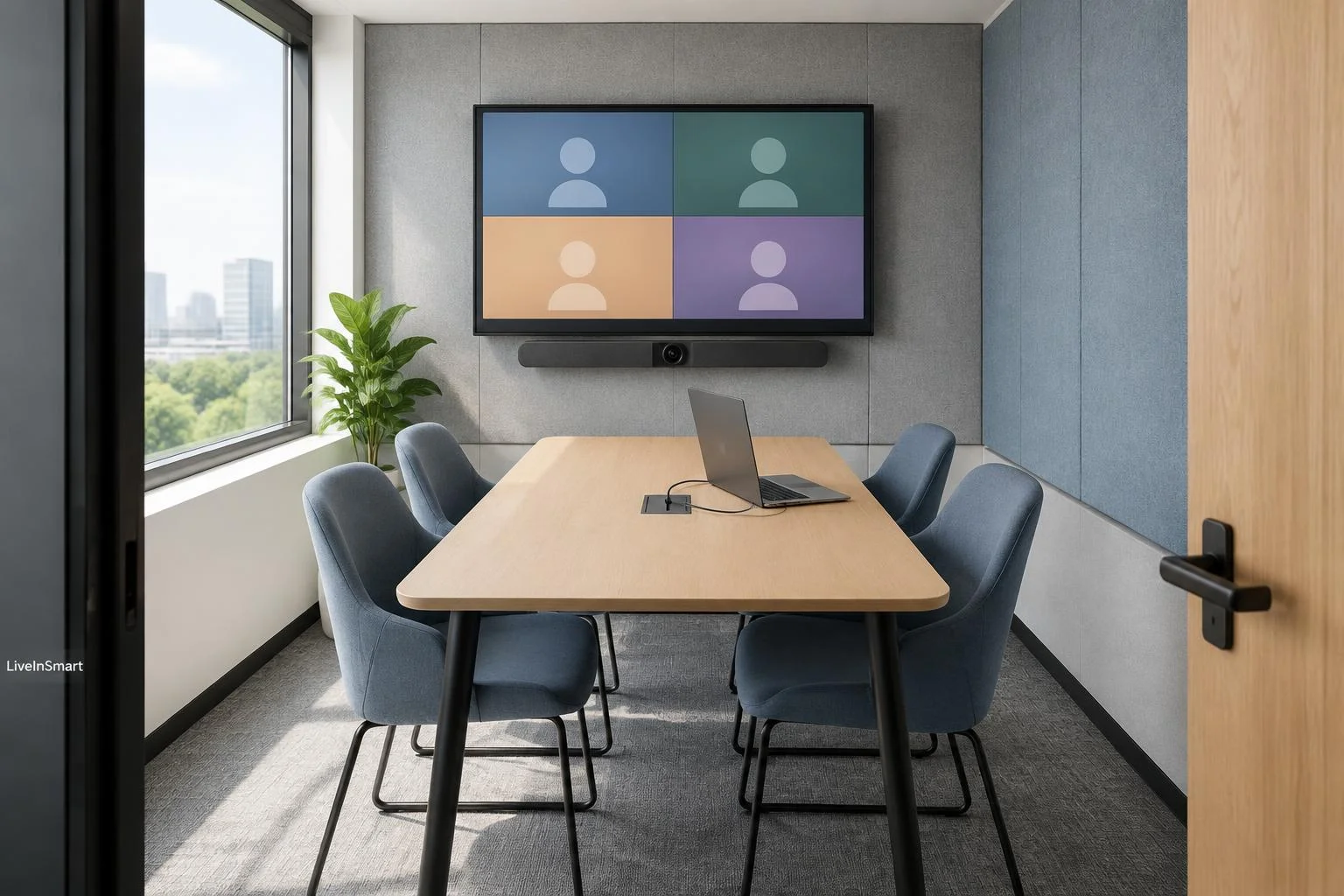 Four-seat huddle room concept with an integrated video bar and laptop connection